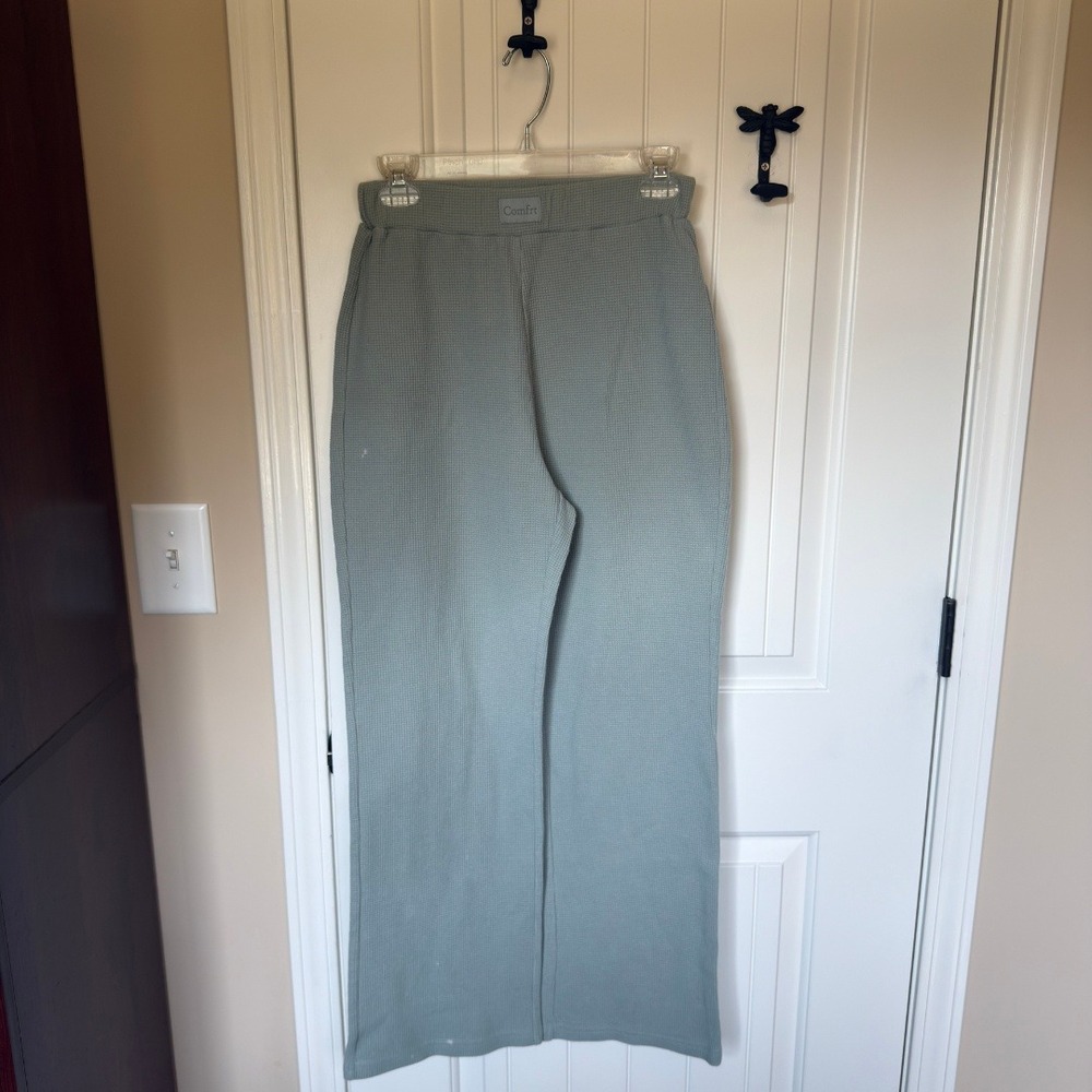 Comfrt Waffle Knit Lounge Pants Sage Green Wide Leg Thermal Pajamas Small